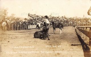 Rppc Photo Postcard Cuba Crutchfield Steer Roping Rodeo Cowboy Toppenish 1915 Wa