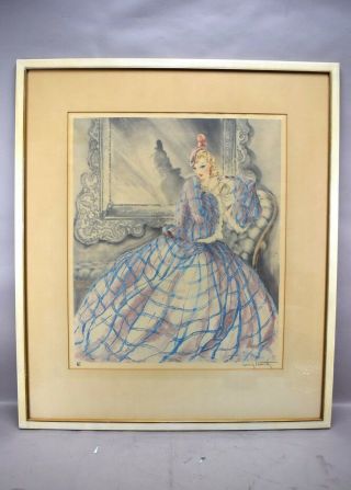 Louis Icart Woman In Crinoline Pink Dress Hand Signed Tinted Etching