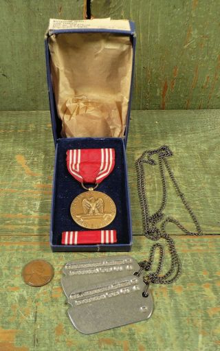 Wwii Us Army Named Good Conduct Medal & Dog Tags T43 44 Double Clasp Chain