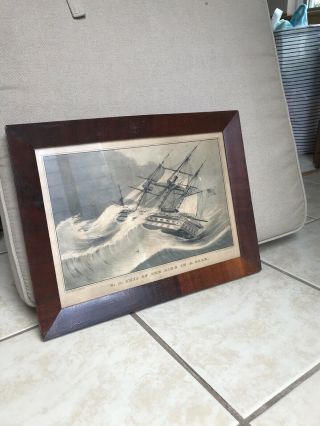 Antique Framed N.  Currier 1847 U.  S Ship Of The Line In A Gale Colored Print