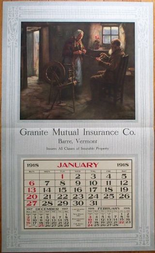 Barre Vt Vermont 1918 18x30 Advertising Calendar/poster - Granite Mutual Insurance