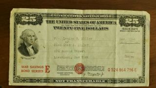 1944 $25 United States Savings Bond Unclaimed War Bond Series E U.  S History