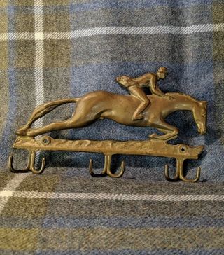 Vintage Brass Wall Plaque/hooks Leaping Hunter Rider