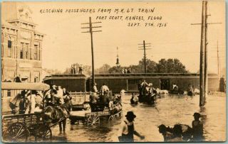 1915 Fort Scott,  Kansas Rppc Real Photo Postcard Mk&t Train Flood Scene Disaster