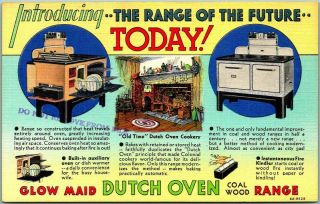 Vintage 1940s Linen Advertising Postcard " Glow Maid Dutch Oven Coal Wood Range "