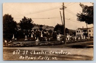 Vintage Real Photo Postcard Bellows Falls Vt Old Charles Cemetery D14