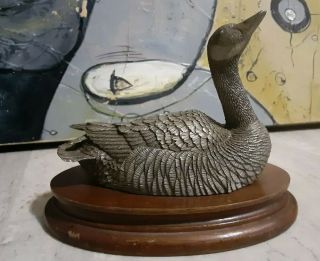 Vtg 1977 Chilmark Fine Pewter Canada Goose W/ Oak Base Sculpture Figurine Metal