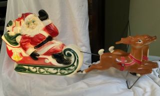 Vintage Christmas Empire Blow Mold Santa Claus Sleigh And Reindeer