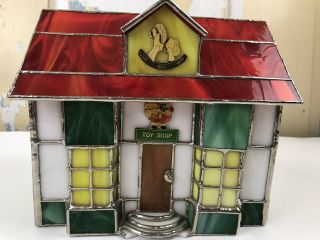 Tiffany - Style Stained Glass Lighted Christmas Village Toy Shop House Rare Vtg