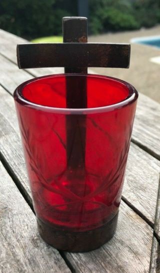 Jan Barboglio Iron Cross Candle Holder Made In Usa Glass Votive Red Glass