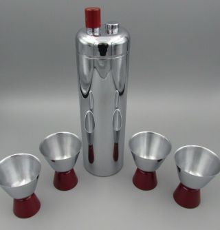 Vintage Deco Chrome Revere Zephyr Cocktail Shaker & Cups - Red