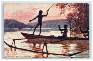Raphael Tuck Oilette Australia Postcard Native Canoe Spearing Fish Aborigine