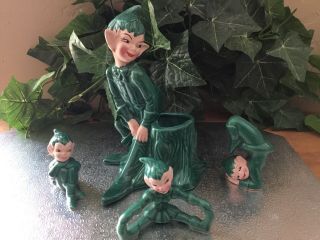 Vintage Green Gilner Pixie Elf Vase And Figurines - Set Of 4,  1951
