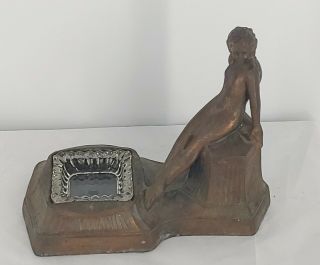 Vintage Art Deco - Retro Posing Nude Girl _ Lady Cast Bronze Ashtray W Glass