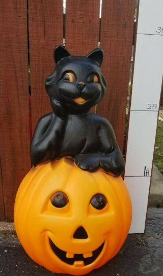 Vintage Halloween Blow Mold Black Cat On Pumpkin Giant Cute Kitten