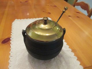 Black Cast Iron Fire Starter/kettle Smudge Pot W/ Brass Lid & Pumice Wand 8 1/2 "