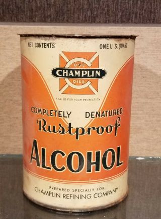 1940s CHAMPLIN COMPLETELY DENATURED RUSTPROOF ALCOHOL ONE QUART CAN ENID OK 2