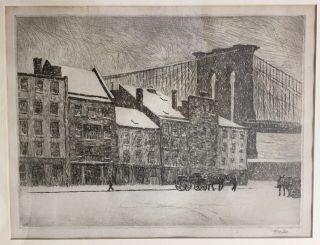 1930 Brooklyn Bridge From Manhattan Etching,  Frederick Weber,  Pencil Signed,  