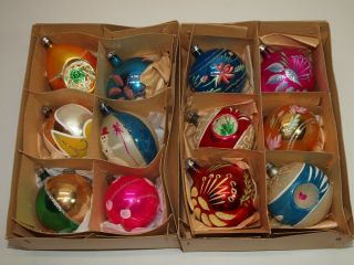 Vtg Glass Xmas Ornaments Set 12 Balls Indent Tear Shape Hand Painted European