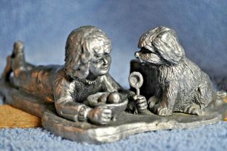 Michael Ricker Pewter Figurine - " Donella " - Girl Eating With Dog Watching