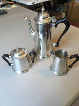 3 Piece Kirk Stieff Colonial Williamsburg Pewter Black Handle Coffee/tea Pot Set