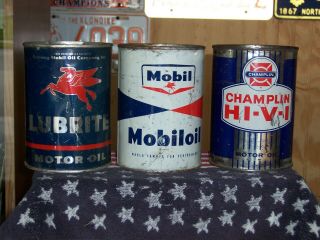 (3) Vintage One Quart Motor Oil Cans,  Mobil,  Champlin,  Lubrite