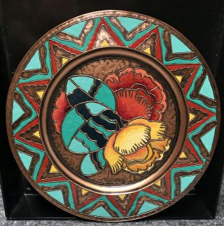 A Gilles Arts Crafts Enamel On Copper Art Deco Floral Sun Aztec Look Charger Art