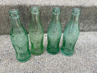 4 Vintage Embossed Hobbleskirt Coca - Cola Coke Green Glass Bottles 6 Oz