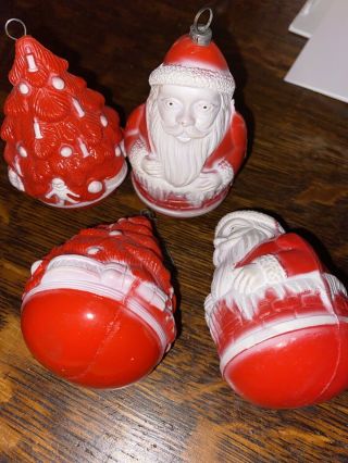 4 Vintage Christmas Thin Plastic / Celluloid Rolly Polly Santa & Trees Irwin ?