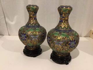 Vintage Pair.  Brass Enamelled Decorative Vases On Lacquered Stand 454