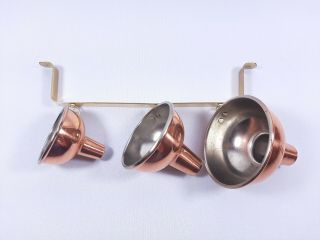 Vintage Set Of 3 Kitchen Copper Funnel With Copper Wall Mounted Rack