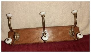 Vintage Brass,  Wood And Porcelain Wall Mount Coat Hanger Three Hook