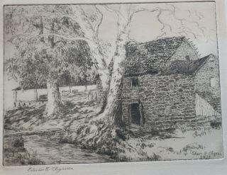 1931 Edwin Clymer Pencil Signed Etching Of Abraham Bertolet House,  Sawmill Roof