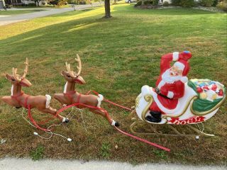 Large Santa Noel Sleigh 2 Reindeer Lighted Blow Mold Christmas Yard Decor Rare