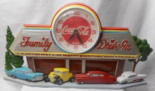 Vintage 1988 Plastic Coca Cola Family Drive In Sign Clock Burwood Products 2899