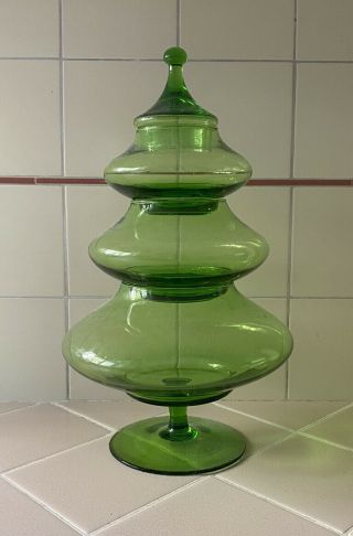 Vintage Antique Green Glass Christmas Tree Candy Stand Dish Display 3 - Tier