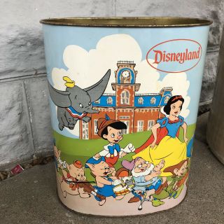 Vtg Disney World Disneyland Metal Trash Can Chein Mickey Donald Goofy Snow White