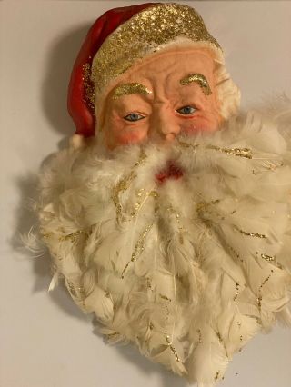 Vintage Paper Mache Santa Claus Face Store Display 3 - D Feather Beard St.  Nick