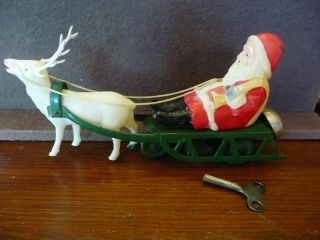 Vintage Santa Claus In Sleigh & Reindeer Wind Up Toy Key - Occupied Japan
