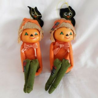2 Vintage Halloween Scarecrow Pumpkin Head Elf Jack O Lantern Knee Hugger Decor