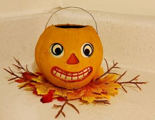 Jack O Lantern Vintage Halloween 3” Pumpkin Paper Mache German Candle Insert