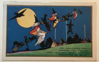 Vintage Postcard Halloween 3 Witches In Brooms,  10 Black Cats,  Crow,  Moon Pm1923