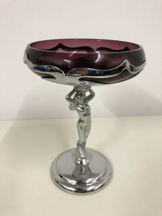 Farber Bros York Nude Lady Chrome Compote W/ Amethyst Glass Dish