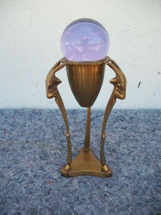 Vintage Crystal Ball With Brass Goat Head Stand