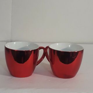 2 2007 Starbucks 16 Oz.  Holiday Ceramic Coffee Mug Metallic Red