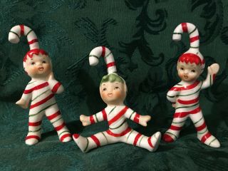 Vintage Lefton Christmas Ceramic Candy Cane Elf Figurines Set Of 3 - Adorable