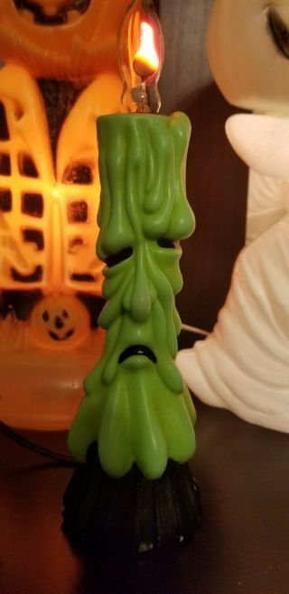 Vintage Halloween Plastic Blow Mold Electric Light Candle Green Face Plug In