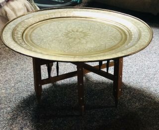 Moroccan 33” Round Brass Tray Table With Moorish Wood Base Kegs