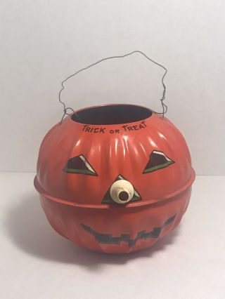Vintage Us Metal Toy Jack O Lantern Tin Litho Candy Pail Pumpkin Owl Bat 1244
