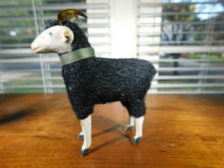 Putz Stick Leg Paper Mache Sheep Antique Black Wooly Horned Ram German 2